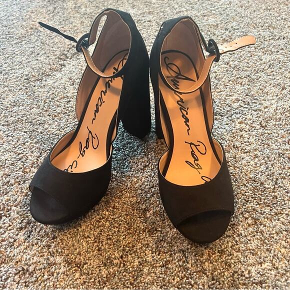 American Rag Black Block Heels w/ Ankle Straps Women's Size 7 WIDE Chunky Heel - Picture 1 of 11